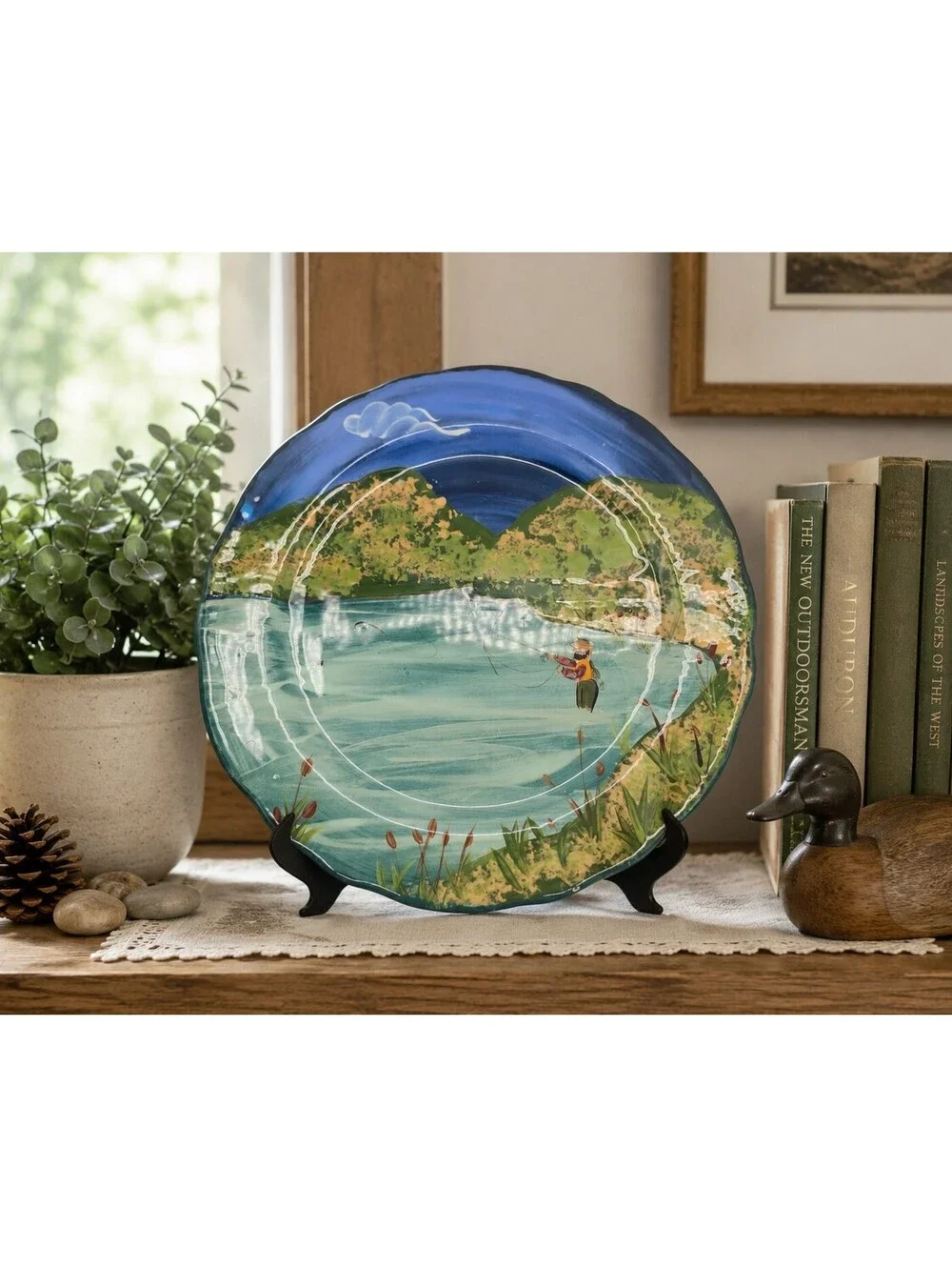 Vintage LESAL Hand Painted Fly Fishing Landscape Art Pottery Plate